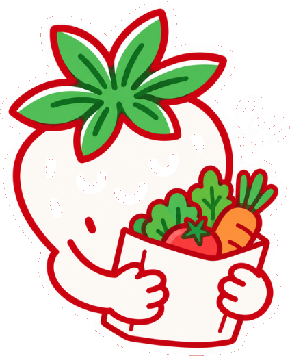 Mascota de La Fresa: una frutilla sonriente que sostiene una bolsa con frutas y verduras